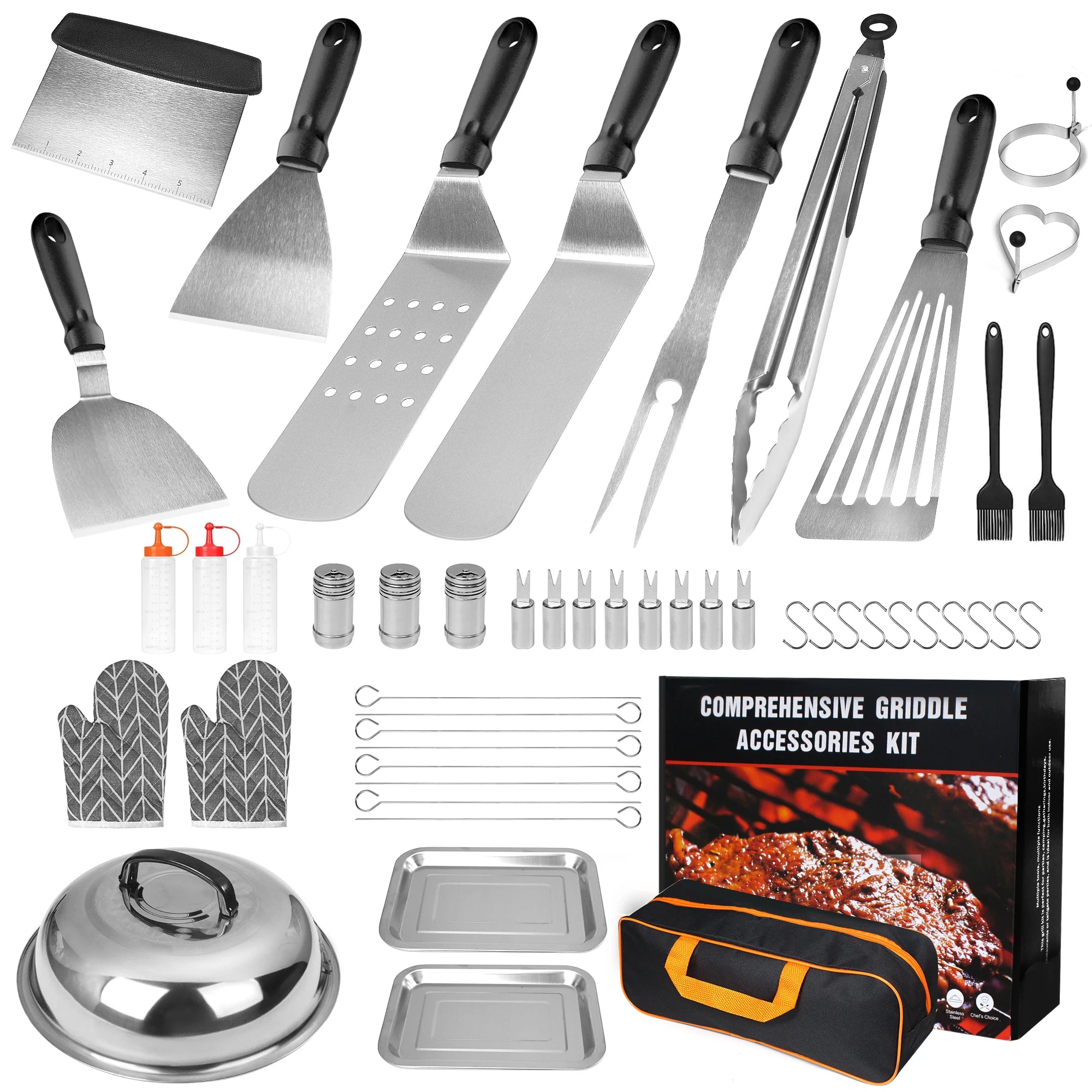 50 Pieces Teppanyaki Bakeware Accessory Set Stainless Steel Set for Camping Cooking and Outdoor Barbecue with Magnifying Spatula