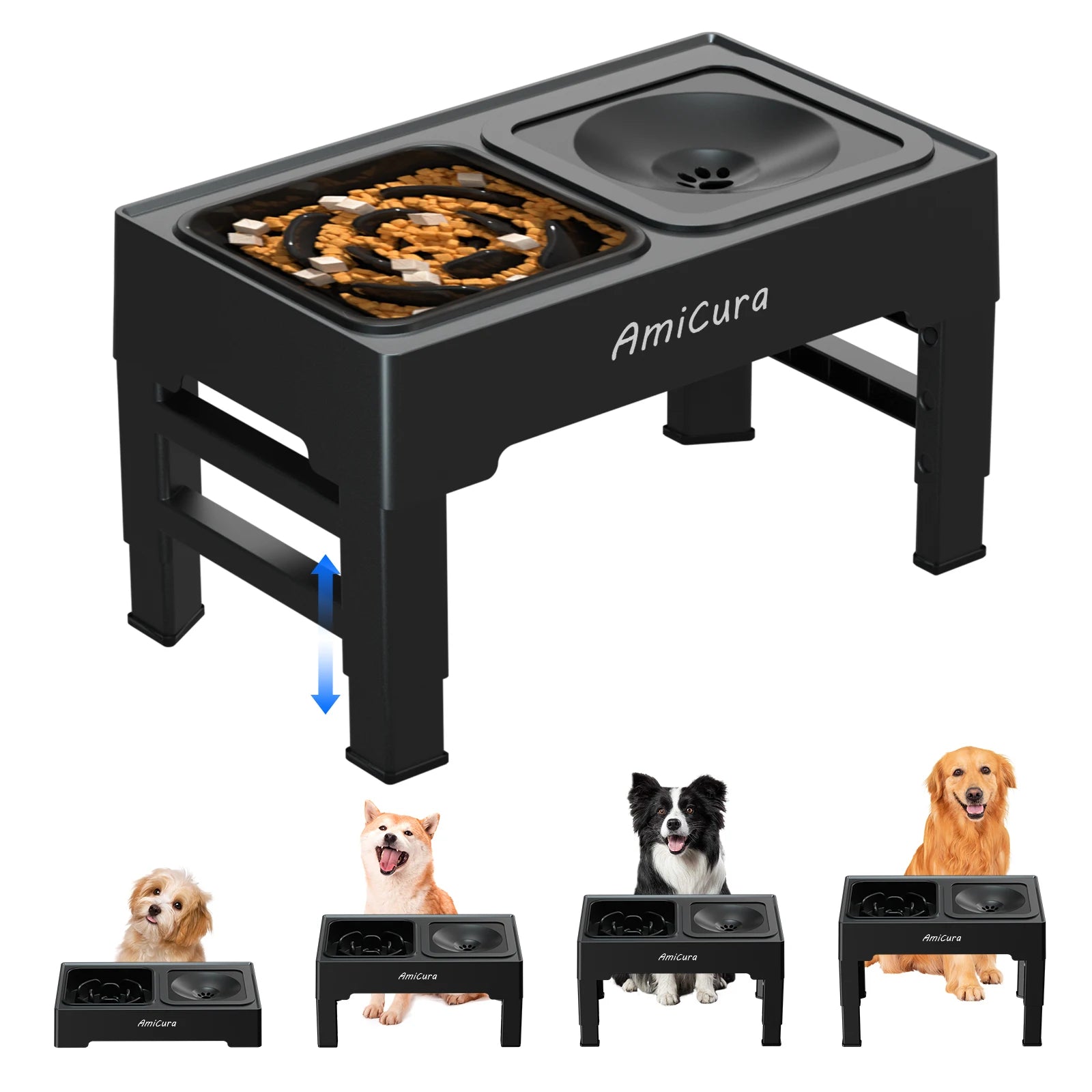 Amicura Raised Dog Bowl 2-in-1 Leak-Proof Foldable Water Bowl Anti-Gulping Bowl 4 Height-Adjustable Raised for Dogs and Cats