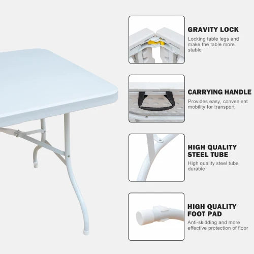 6ft Folding Table, Portable Metal Table for Camping, Picnics, Parties, High Load Bearing Foldable Table White