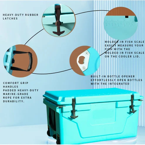 Hot Selling 2022 Blue 65QT Outdoor Cooler Fish Ice Chest Box Custom Logo Rotomolded Popular Camping Cooler Box FCJ