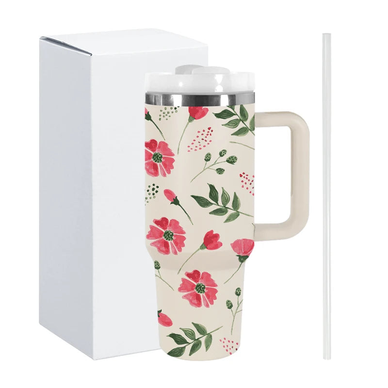 USA Shipped 40oz Stainless Steel Vacuum Tumbler 3D Printed Cream Flower Luxury Design Flexible Rubber Handle Hot Cold Camping