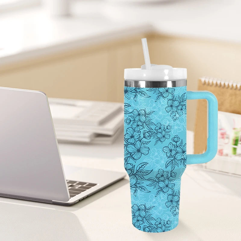 USA Shipped 40oz Stainless Steel Vacuum Tumbler 3D Printed Blue Flower Luxury Travel Mug Flexible Rubber Handle for Hot Camping