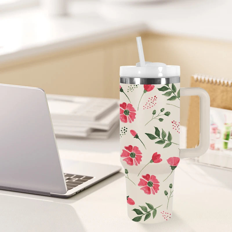 USA Shipped 40oz Stainless Steel Vacuum Tumbler 3D Printed Cream Flower Luxury Design Flexible Rubber Handle Hot Cold Camping
