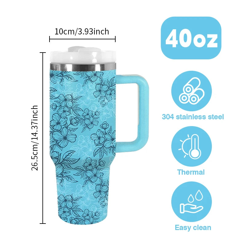 USA Shipped 40oz Stainless Steel Vacuum Tumbler 3D Printed Blue Flower Luxury Travel Mug Flexible Rubber Handle for Hot Camping
