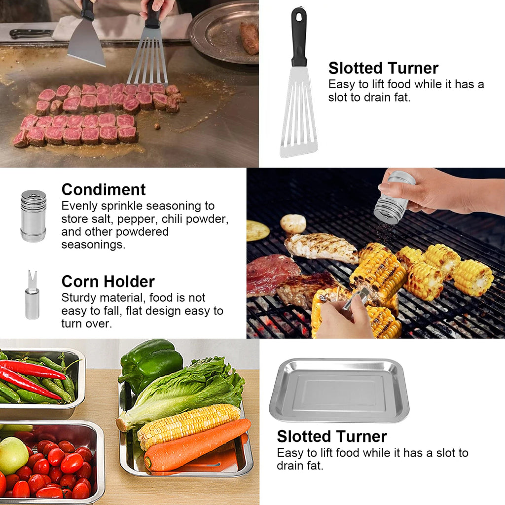 50 Pieces Teppanyaki Bakeware Accessory Set Stainless Steel Set for Camping Cooking and Outdoor Barbecue with Magnifying Spatula