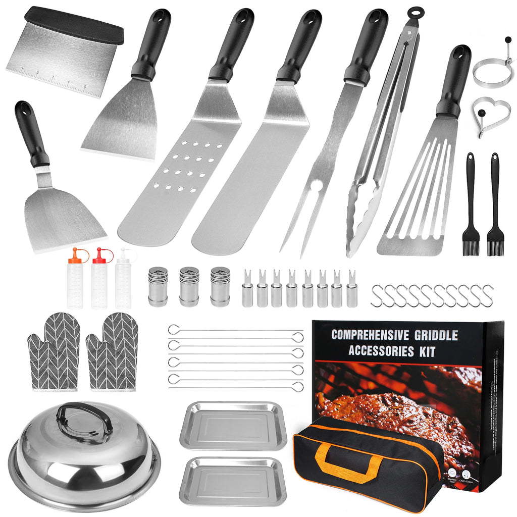 50 Pieces Teppanyaki Bakeware Accessory Set Stainless Steel Set for Camping Cooking and Outdoor Barbecue with Magnifying Spatula