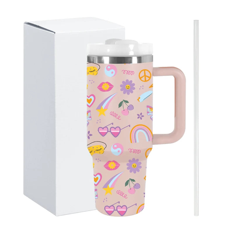 USA Shipped 40oz Stainless Steel Tumbler 3D Printed Cartoon Flower Travel Mug Luxury Flexible Handle Hot Cold Beverages Camping