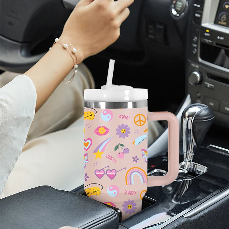 USA Shipped 40oz Stainless Steel Tumbler 3D Printed Cartoon Flower Travel Mug Luxury Flexible Handle Hot Cold Beverages Camping