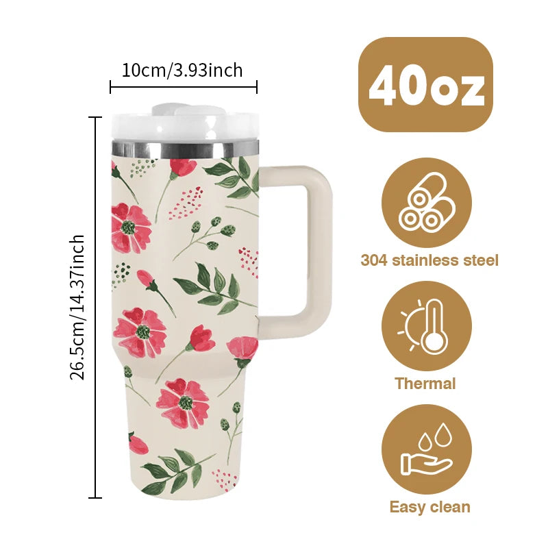 USA Shipped 40oz Stainless Steel Vacuum Tumbler 3D Printed Cream Flower Luxury Design Flexible Rubber Handle Hot Cold Camping