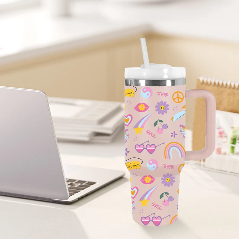 USA Shipped 40oz Stainless Steel Tumbler 3D Printed Cartoon Flower Travel Mug Luxury Flexible Handle Hot Cold Beverages Camping