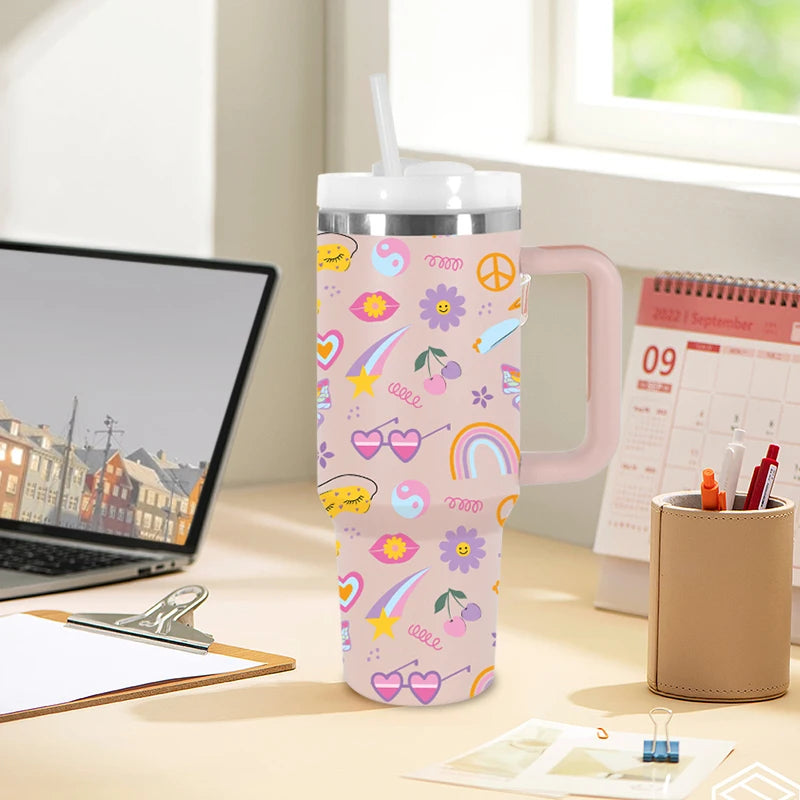 USA Shipped 40oz Stainless Steel Tumbler 3D Printed Cartoon Flower Travel Mug Luxury Flexible Handle Hot Cold Beverages Camping
