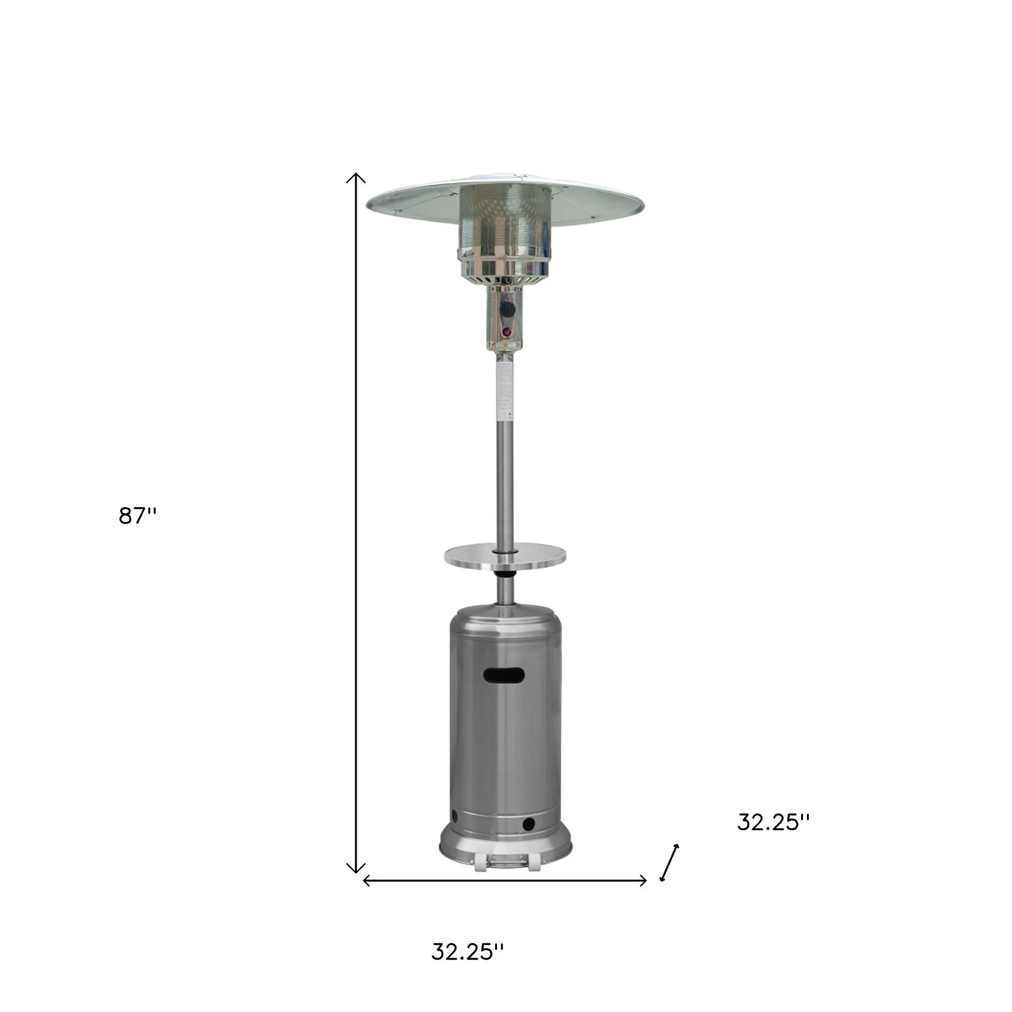 HMS 48000 Silver Steel Propane Patio Heater 48000 BTU Standing Cylindrical Pole Outdoor Mushroom Shape Gas for Camping Parties
