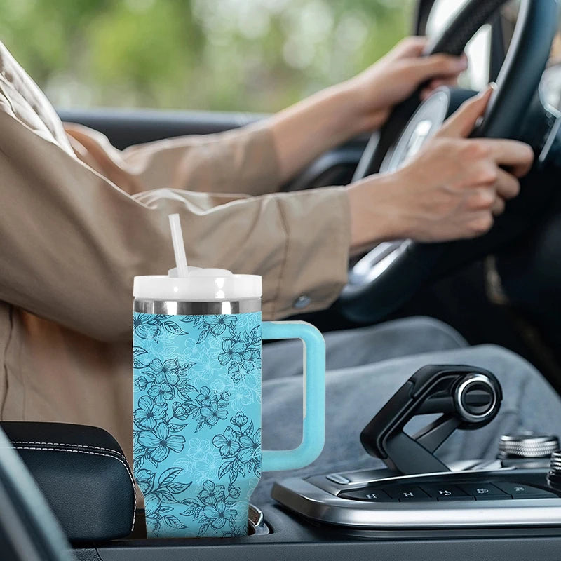 USA Shipped 40oz Stainless Steel Vacuum Tumbler 3D Printed Blue Flower Luxury Travel Mug Flexible Rubber Handle for Hot Camping