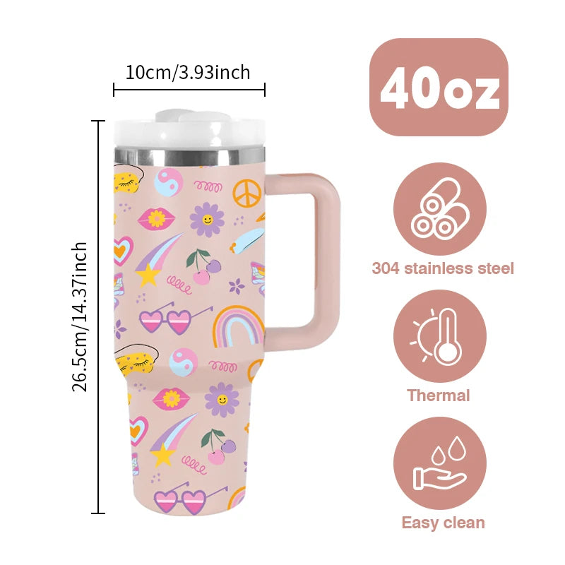 USA Shipped 40oz Stainless Steel Tumbler 3D Printed Cartoon Flower Travel Mug Luxury Flexible Handle Hot Cold Beverages Camping
