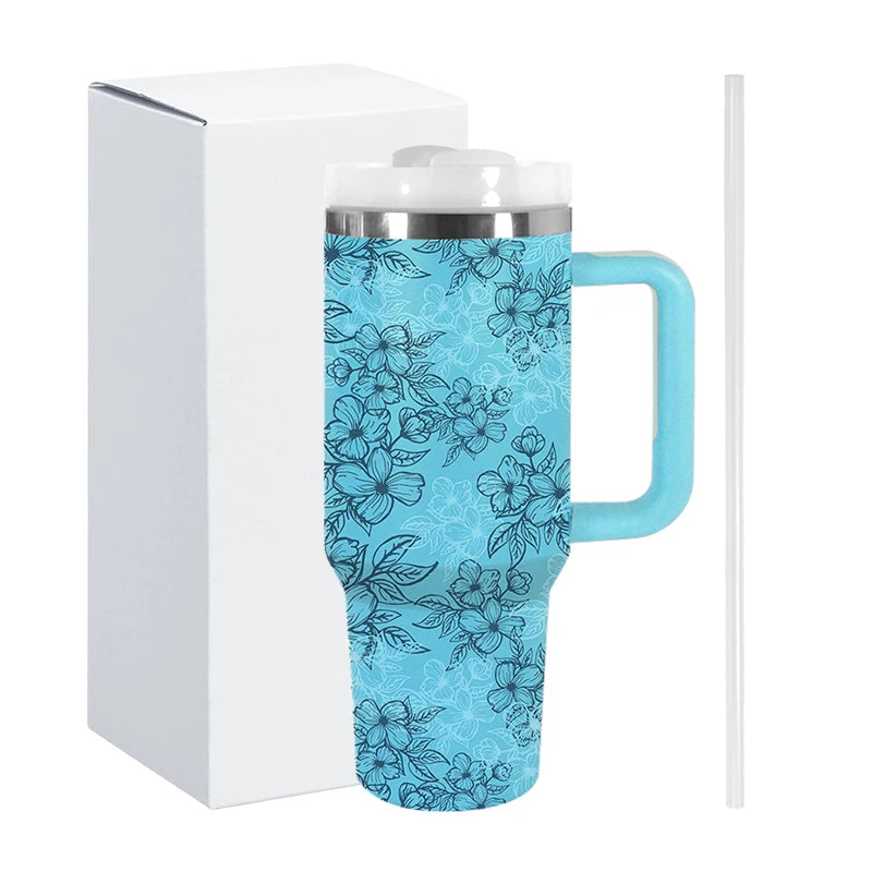 USA Shipped 40oz Stainless Steel Vacuum Tumbler 3D Printed Blue Flower Luxury Travel Mug Flexible Rubber Handle for Hot Camping