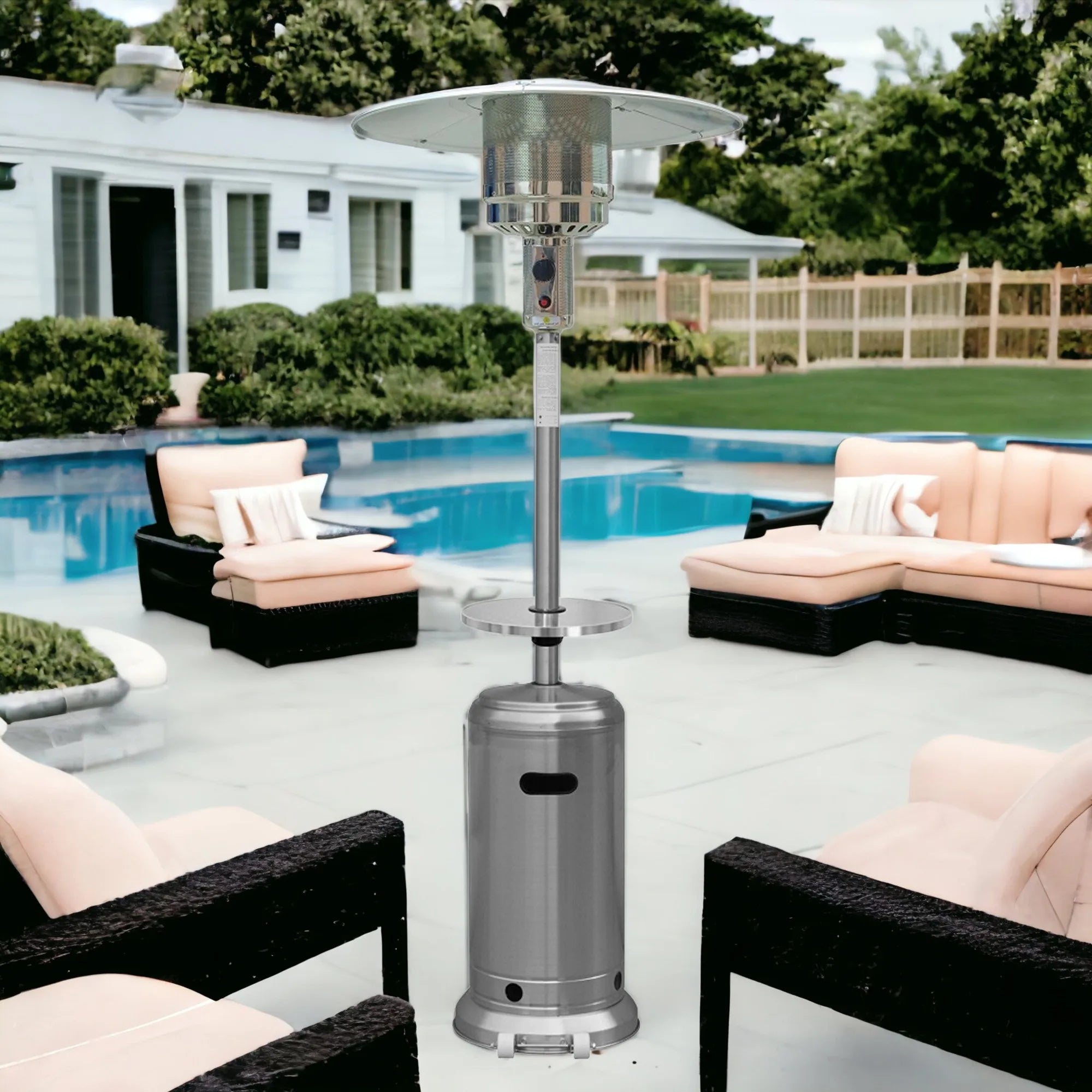 HMS 48000 Silver Steel Propane Patio Heater 48000 BTU Standing Cylindrical Pole Outdoor Mushroom Shape Gas for Camping Parties