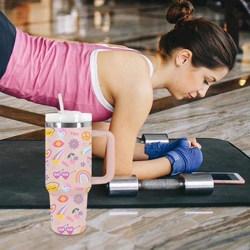 USA Shipped 40oz Stainless Steel Tumbler 3D Printed Cartoon Flower Travel Mug Luxury Flexible Handle Hot Cold Beverages Camping