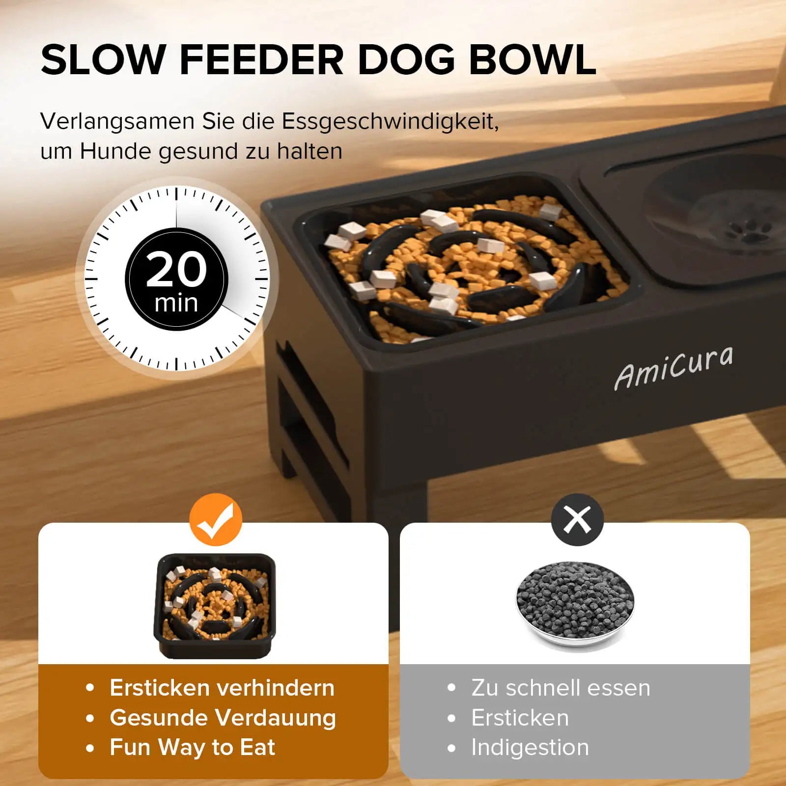 Amicura Raised Dog Bowl 2-in-1 Leak-Proof Foldable Water Bowl Anti-Gulping Bowl 4 Height-Adjustable Raised for Dogs and Cats