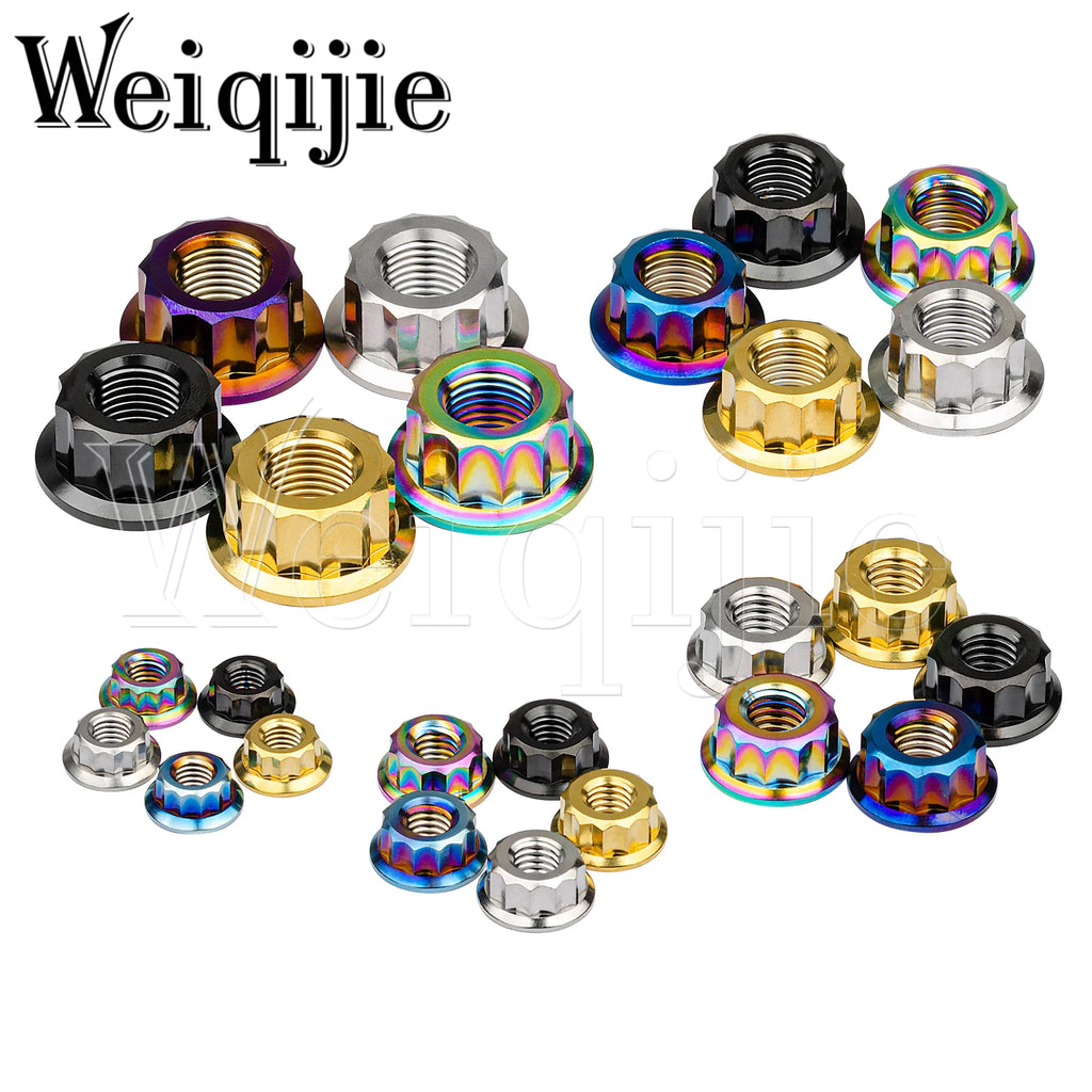 Weiqijie 6pcs Titanium Nuts M5 M6 M8 M10 M12 Double Hex Flange 12 Point Nuts for Motorcycle Modification Nuts