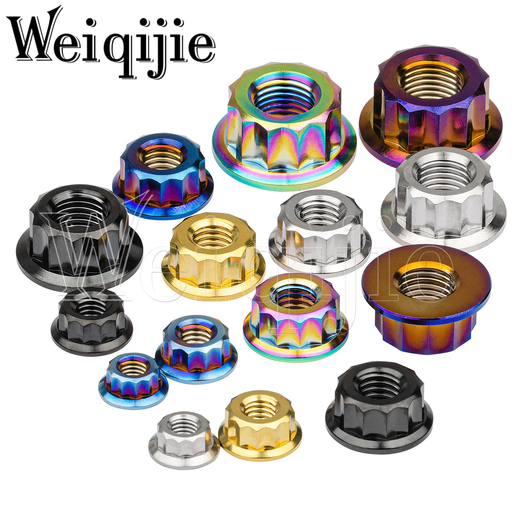 Weiqijie 6pcs Titanium Nuts M5 M6 M8 M10 M12 Double Hex Flange 12 Point Nuts for Motorcycle Modification Nuts