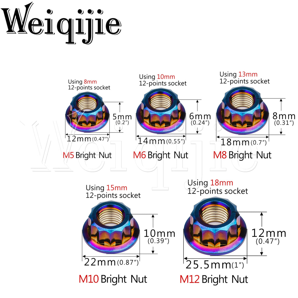 Weiqijie 6pcs Titanium Nuts M5 M6 M8 M10 M12 Double Hex Flange 12 Point Nuts for Motorcycle Modification Nuts