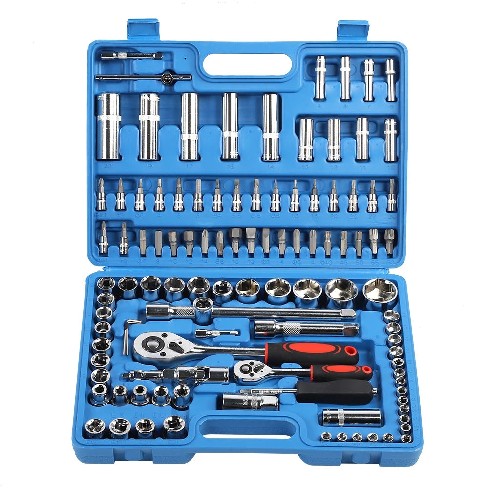 Ratchet Wrench Set 1/4in 1/2in CR40 Steel Socket Set Tool Case + Box Hand Tool Kits Ratchet Wrench Set Box Hand Tool Kits