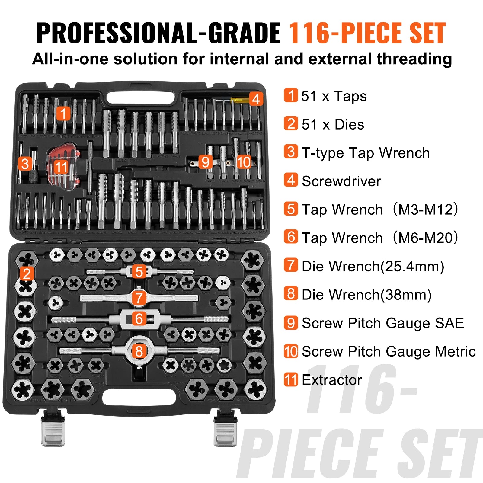 SucceBuy 116-Piece Tap and Die Set Include Metric and SAE Size Bearing Steel Taps and Dies Essential Threading Tool