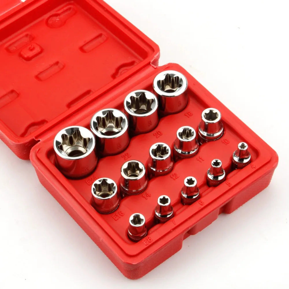 Crv Material 14pcs/set E Torx Star Female Bit Socket Set 1/2" 3/8" 1/4" Drive E4 - E24 Repair Tool Hand Tool