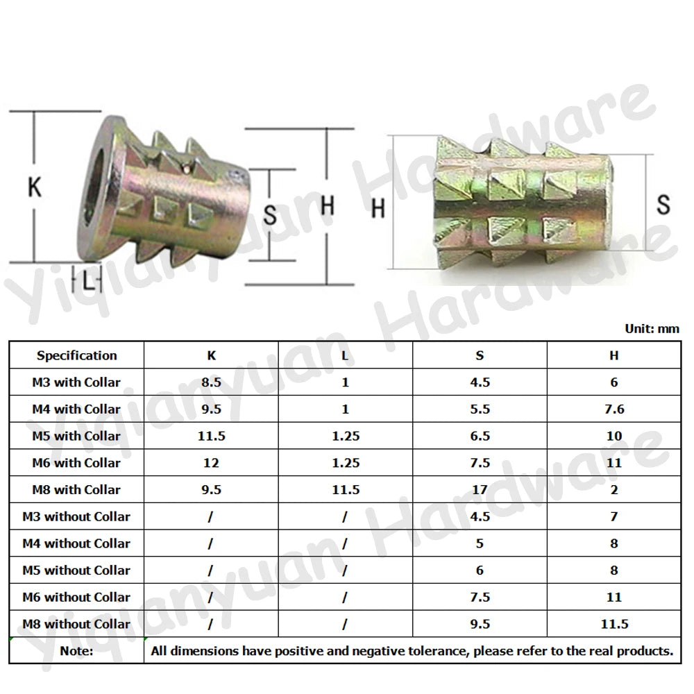 Yiqianyuan Spiked Nuts M3-M8 Carbon Steel Galvanized Connect Furniture Nuts Wood Insert Nuts with Collar and without Collar