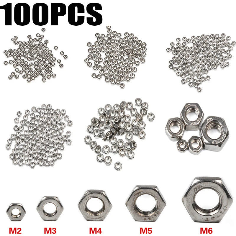 50/100pcs 304 Stainless Steel Hex Nuts Set Metric Thread Hex Nuts Metic Nut Screws Assortment M2 M3 M4 M5 M6 Hardware Tools