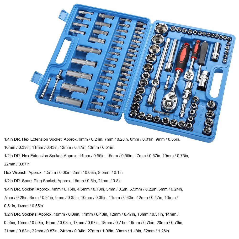 Ratchet Wrench Set 1/4in 1/2in CR40 Steel Socket Set Tool Case + Box Hand Tool Kits Ratchet Wrench Set Box Hand Tool Kits