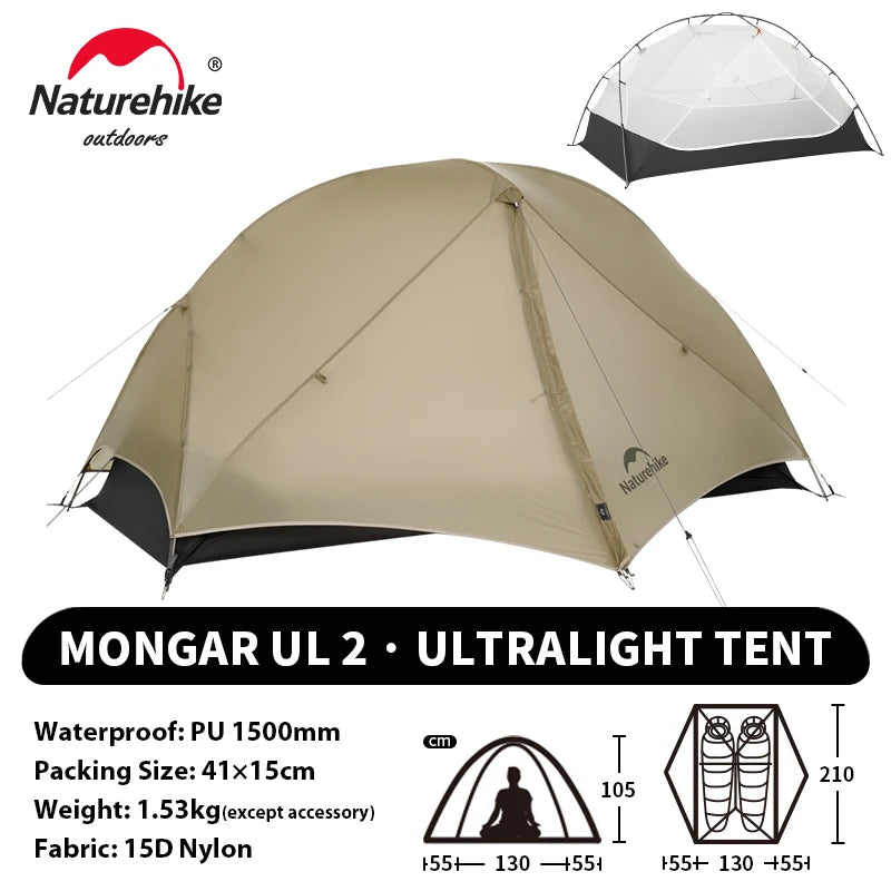 Naturehike Mongar UL 2 Tent 2 Person Backpacking Tent 20D Ultralight Travel Tent Waterproof Hiking Survival Outdoor Camping Tent