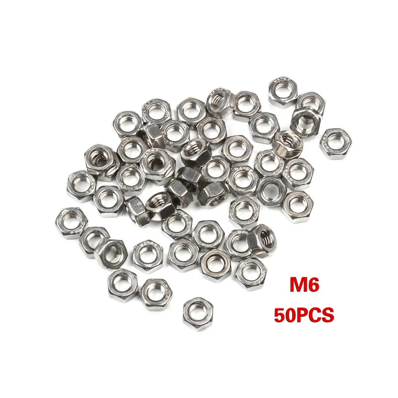 50/100pcs 304 Stainless Steel Hex Nuts Set Metric Thread Hex Nuts Metic Nut Screws Assortment M2 M3 M4 M5 M6 Hardware Tools