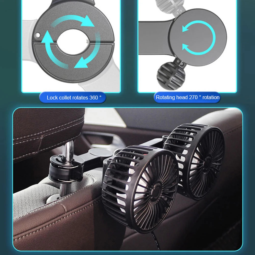 Car Seat Back Cooling Fan USB Charge Dual Head Fan 360 Degree Rotation Neck Cooler Auto Headrest Ventilation Fan for Vehicle SUV