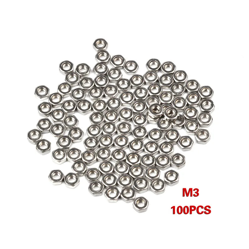 50/100pcs 304 Stainless Steel Hex Nuts Set Metric Thread Hex Nuts Metic Nut Screws Assortment M2 M3 M4 M5 M6 Hardware Tools