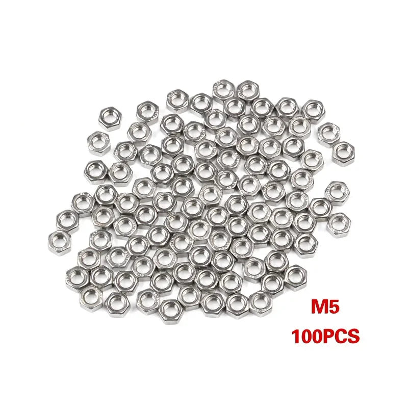 50/100pcs 304 Stainless Steel Hex Nuts Set Metric Thread Hex Nuts Metic Nut Screws Assortment M2 M3 M4 M5 M6 Hardware Tools
