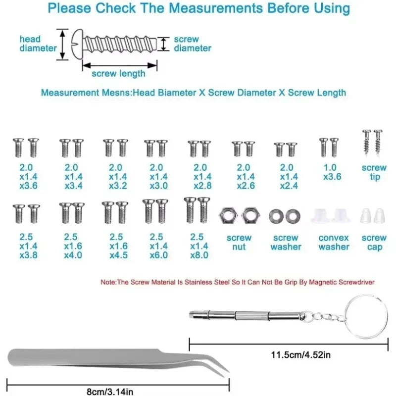 1200pcs Mini Screws with Screwdriver Tweezers Glasses Screws Repair Kit Glasses Complete Screws Bolts Set For Glasses DIY Tool