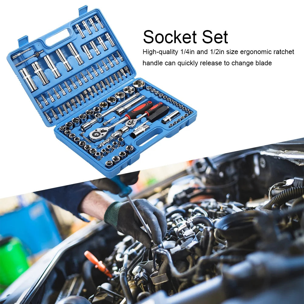 Ratchet Wrench Set 1/4in 1/2in CR40 Steel Socket Set Tool Case + Box Hand Tool Kits Ratchet Wrench Set Box Hand Tool Kits