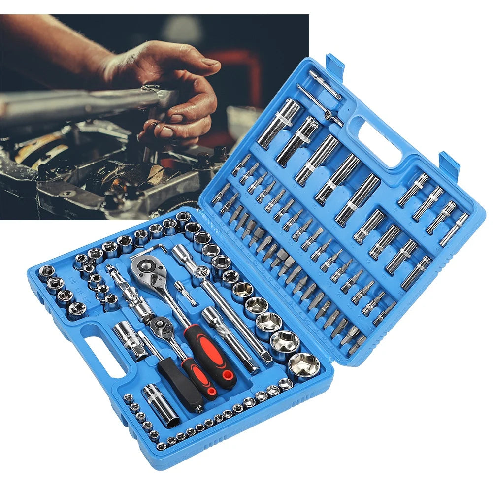 Ratchet Wrench Set 1/4in 1/2in CR40 Steel Socket Set Tool Case + Box Hand Tool Kits Ratchet Wrench Set Box Hand Tool Kits