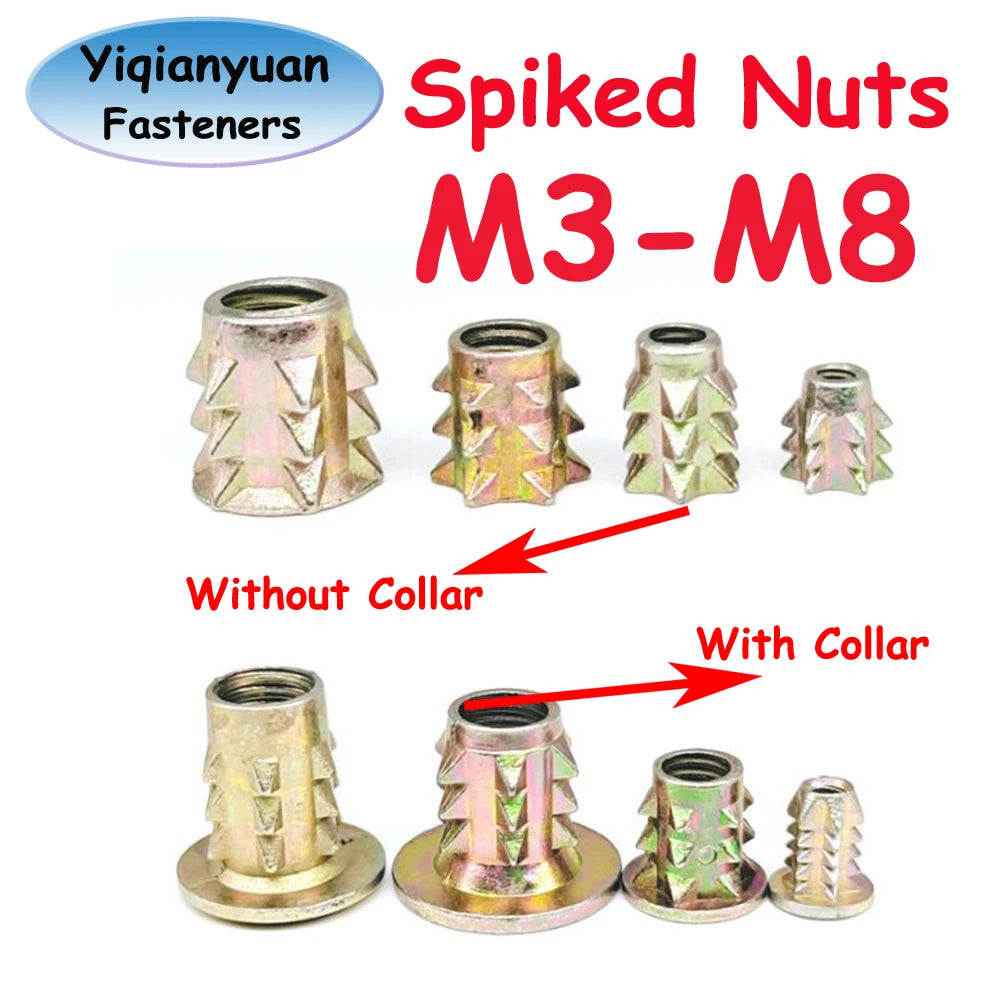Yiqianyuan Spiked Nuts M3-M8 Carbon Steel Galvanized Connect Furniture Nuts Wood Insert Nuts with Collar and without Collar