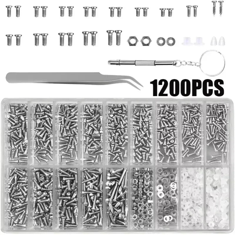 1200pcs Mini Screws with Screwdriver Tweezers Glasses Screws Repair Kit Glasses Complete Screws Bolts Set For Glasses DIY Tool