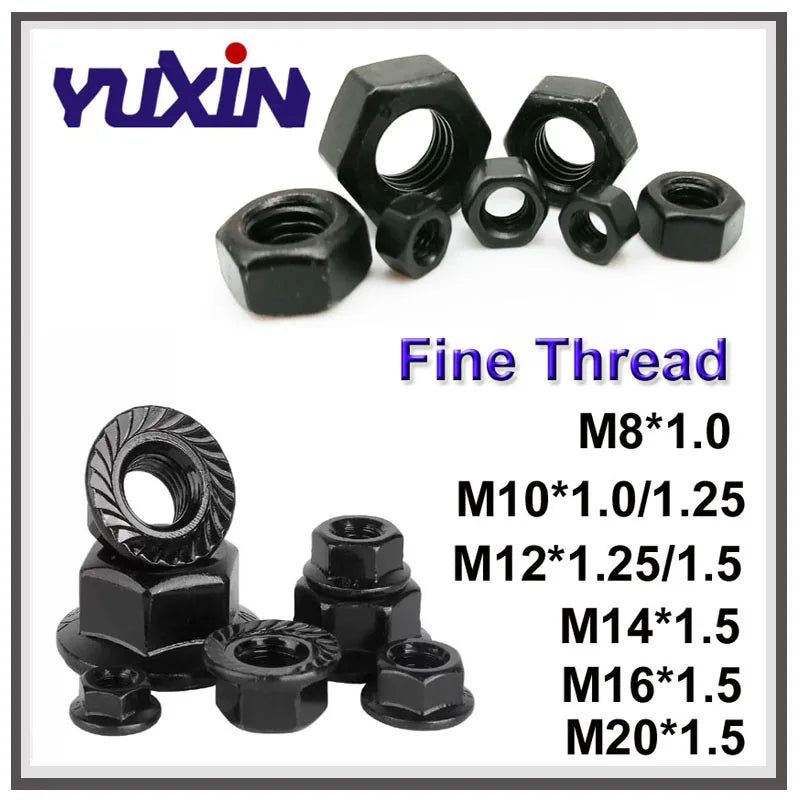 Fine Thread Hex Nuts Black Grade 8.8 Carbon Steel DIN934 Fine Pitch Hexagon Nuts/DIN6923 Flange Nuts M8 M10 M12 M14 M16 M20