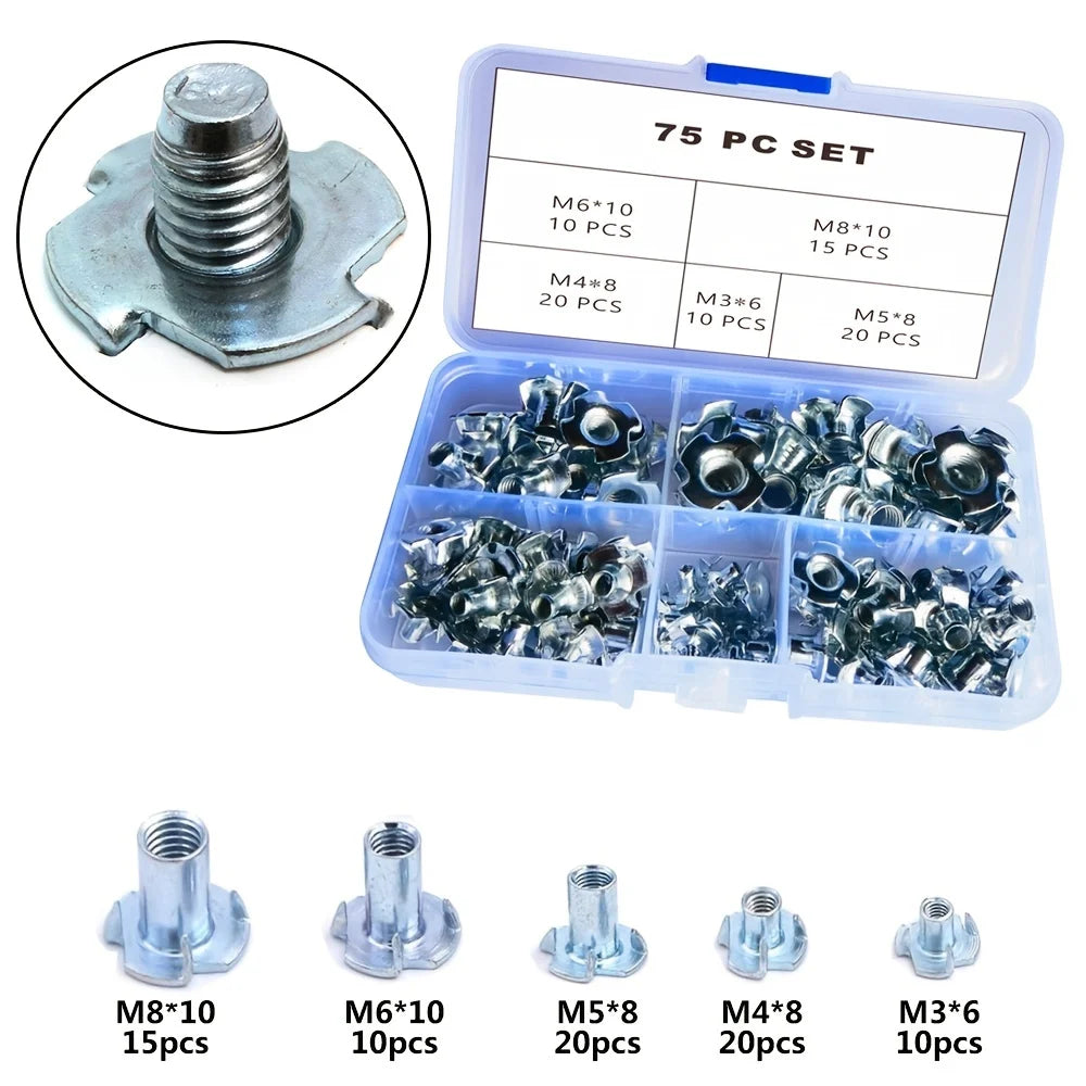 75 PCS Insert Nuts with 4 Impact Points Thread Insert Nuts, Four Point Insert Nuts for Climbing Brackets and Cabinet Woodworking
