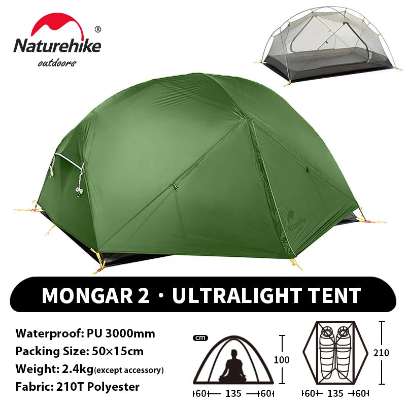 Naturehike Mongar UL 2 Tent 2 Person Backpacking Tent 20D Ultralight Travel Tent Waterproof Hiking Survival Outdoor Camping Tent