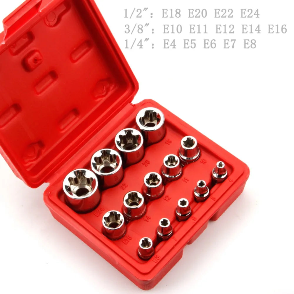 Crv Material 14pcs/set E Torx Star Female Bit Socket Set 1/2" 3/8" 1/4" Drive E4 - E24 Repair Tool Hand Tool