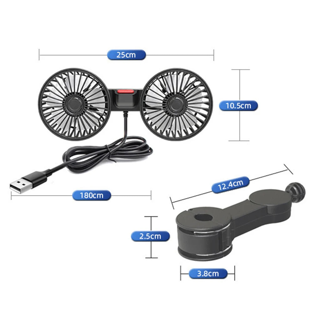 Car Seat Back Cooling Fan USB Charge Dual Head Fan 360 Degree Rotation Neck Cooler Auto Headrest Ventilation Fan for Vehicle SUV