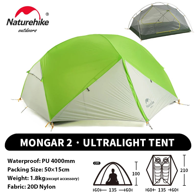 Naturehike Mongar UL 2 Tent 2 Person Backpacking Tent 20D Ultralight Travel Tent Waterproof Hiking Survival Outdoor Camping Tent