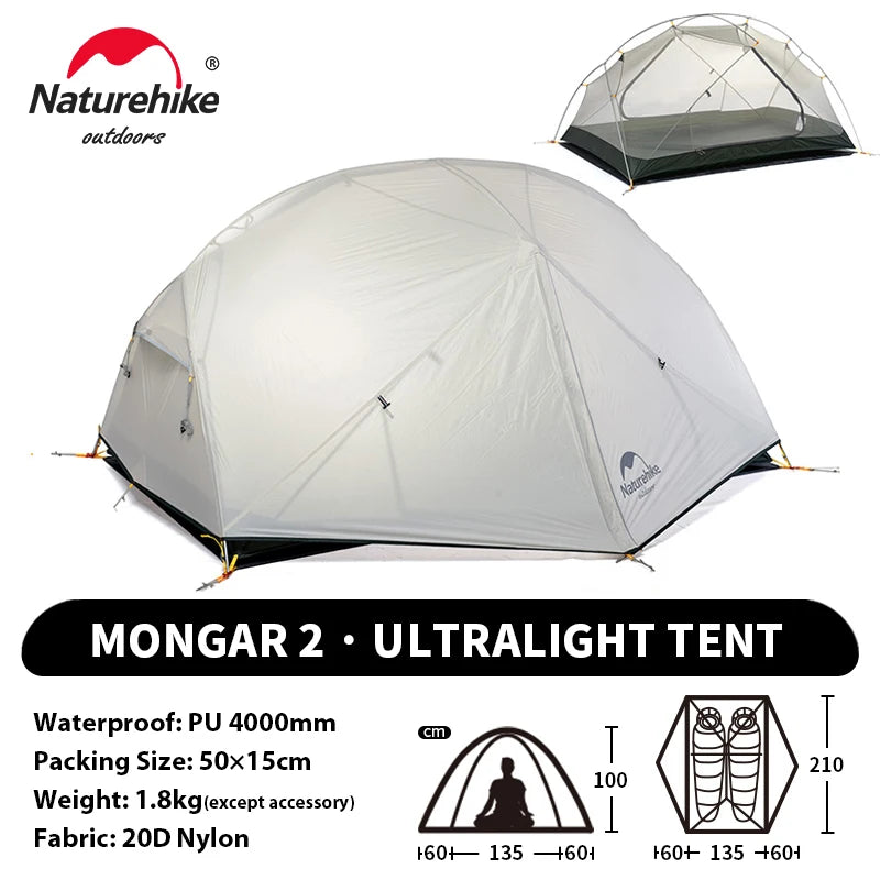 Naturehike Mongar UL 2 Tent 2 Person Backpacking Tent 20D Ultralight Travel Tent Waterproof Hiking Survival Outdoor Camping Tent