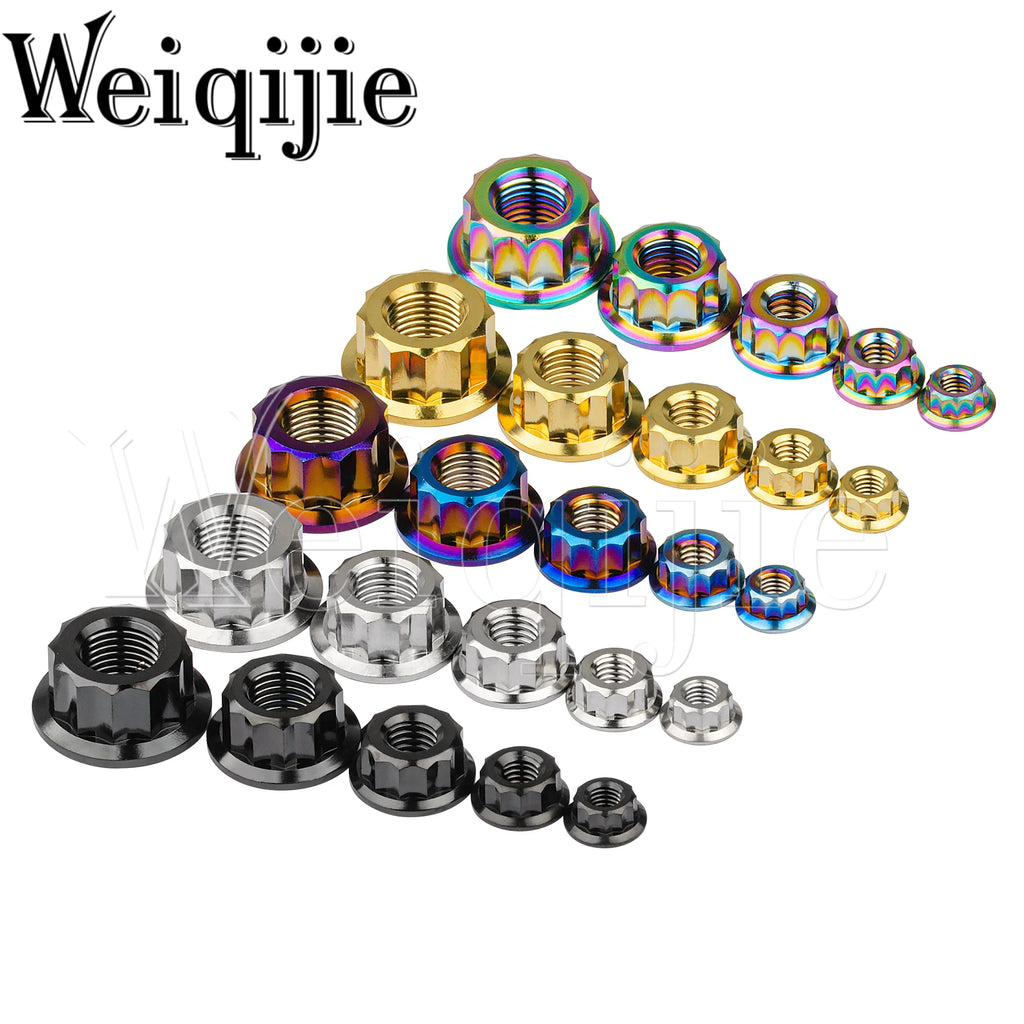 Weiqijie 6pcs Titanium Nuts M5 M6 M8 M10 M12 Double Hex Flange 12 Point Nuts for Motorcycle Modification Nuts