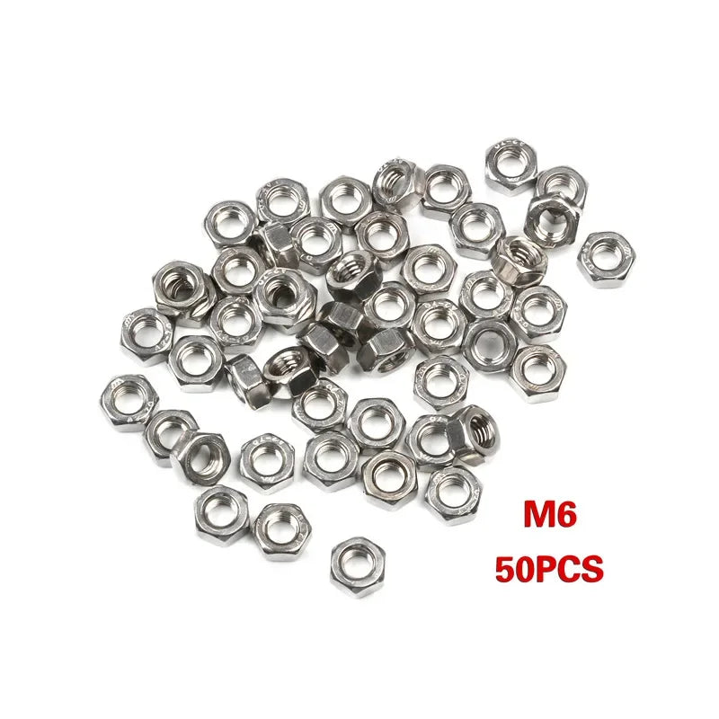 50/100pcs 304 Stainless Steel Hex Nuts Set Metric Thread Hex Nuts Metic Nut Screws Assortment M2 M3 M4 M5 M6 Hardware Tools